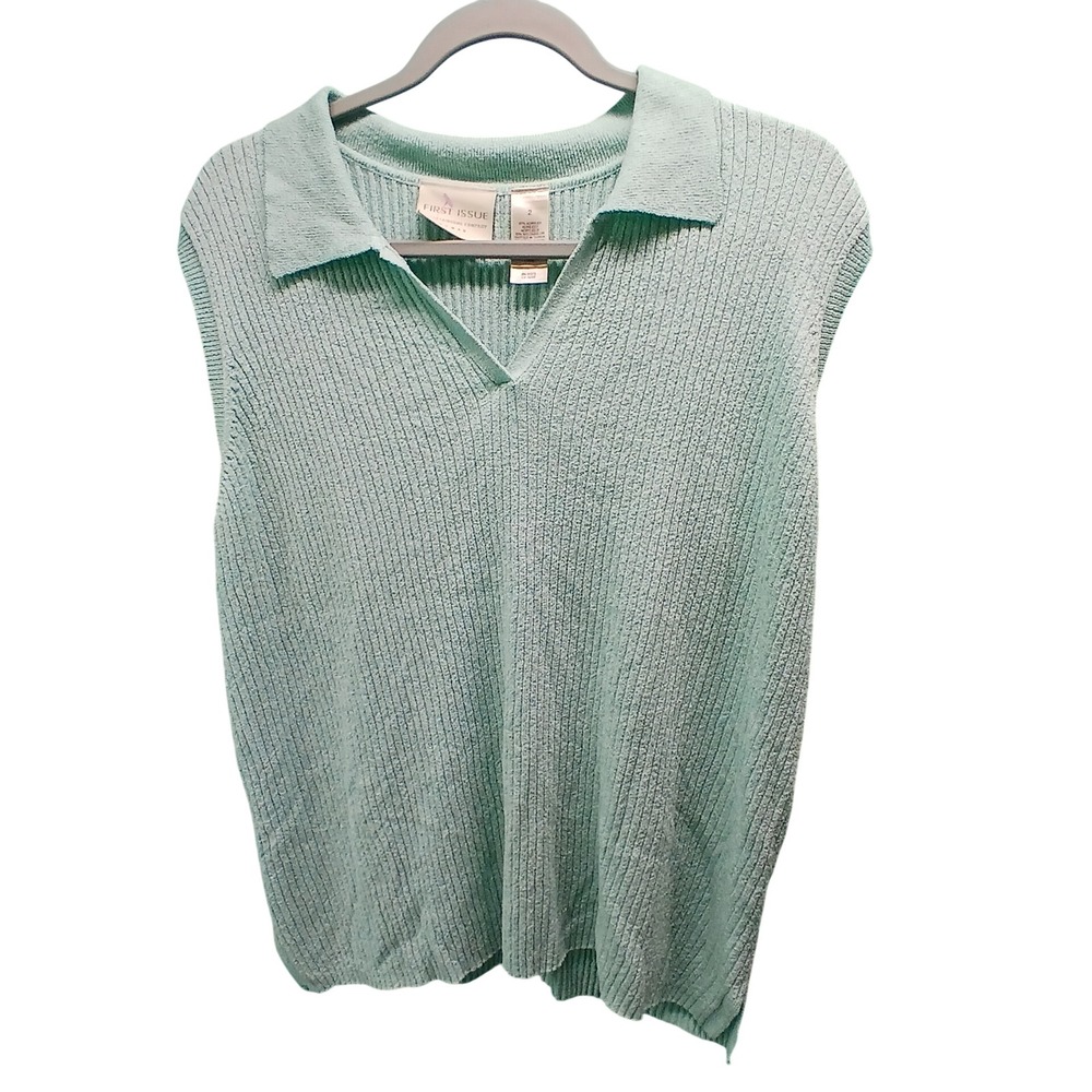 First Issue Liz Claiborne Sweater Vest 2 Green Ribbed V-Neck‎ Coastal Preppy